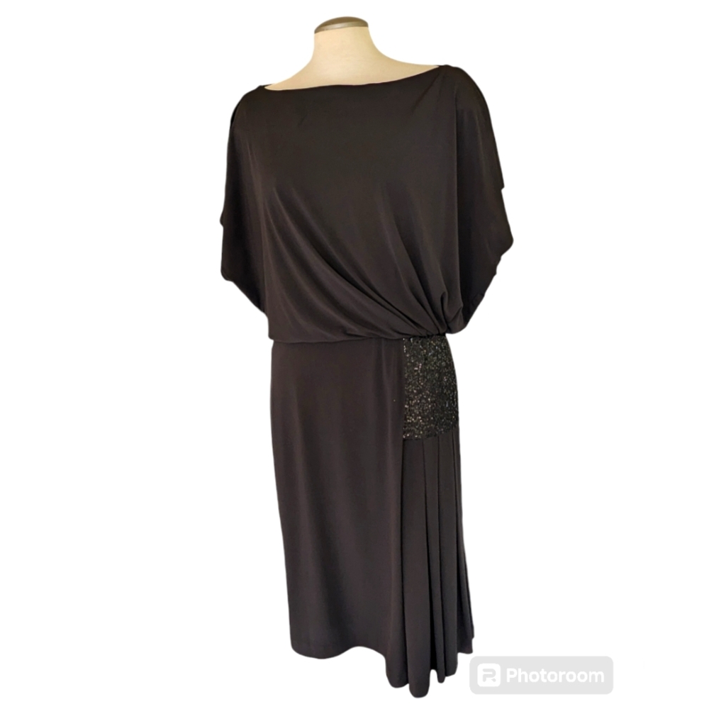 Maggy London Women's Black Cocktail Dress Sequins LBD Quiet Luxury Size 14 Midi